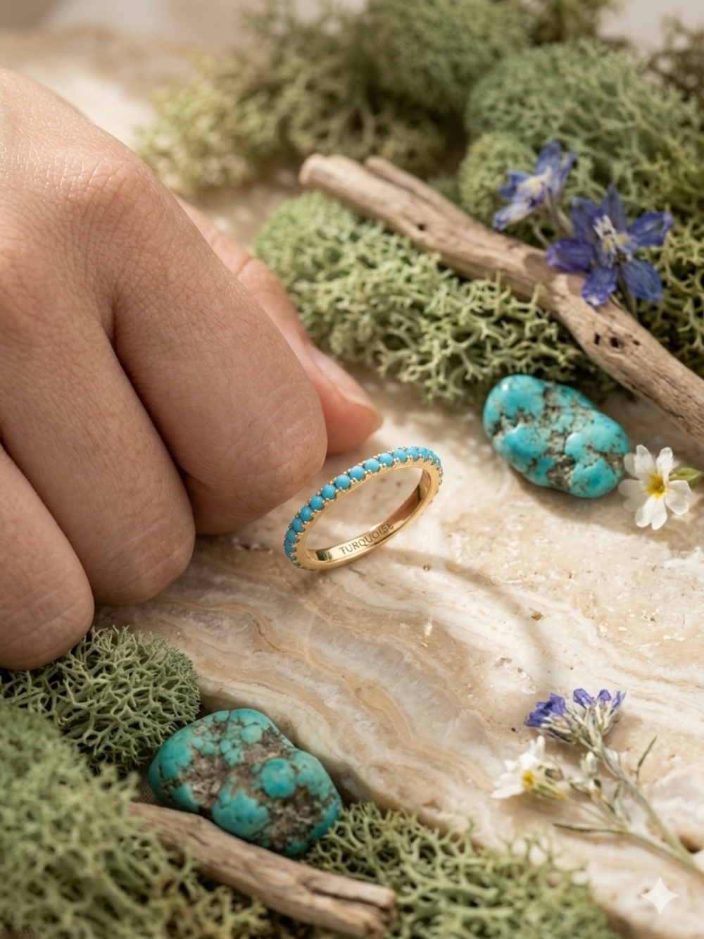 Gold Band Ring with Turquoise Stones - Turquoise